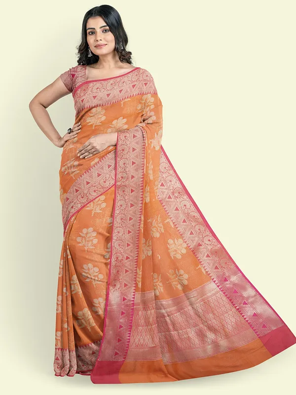 Orange_Cotton_Blend_Banarasi_Sarees_For_Women