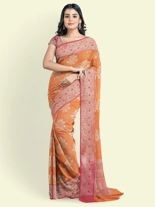 Orange_Cotton_Blend_Banarasi_Sarees_For_Women
