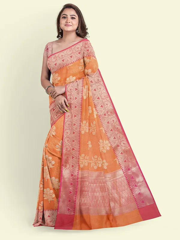 Orange_Cotton_Blend_Banarasi_Sarees_For_Women