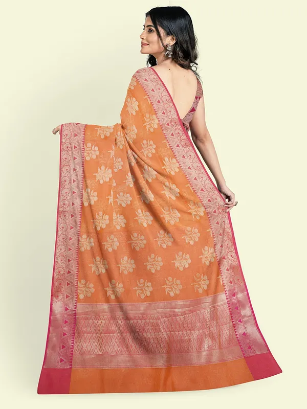 Orange_Cotton_Blend_Banarasi_Sarees_For_Women