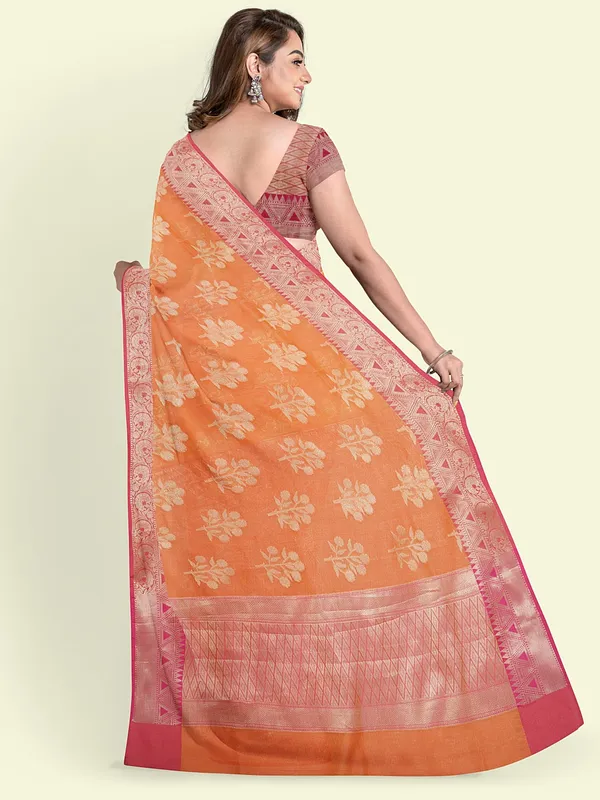 Orange_Cotton_Blend_Banarasi_Sarees_For_Women