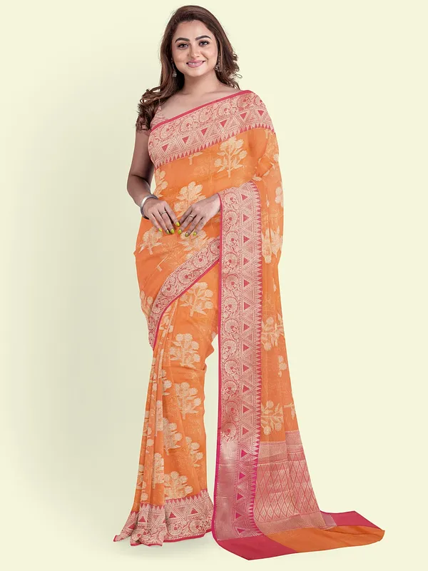 Orange_Cotton_Blend_Banarasi_Sarees_For_Women