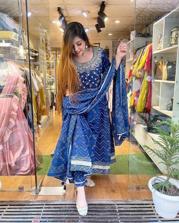 Blue_Cotton_Premium__Bhandhej_Print_Gown_Pant_And_Dupatta_Set_For_Women