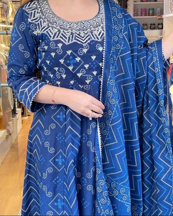 Blue_Cotton_Premium__Bhandhej_Print_Gown_Pant_And_Dupatta_Set_For_Women