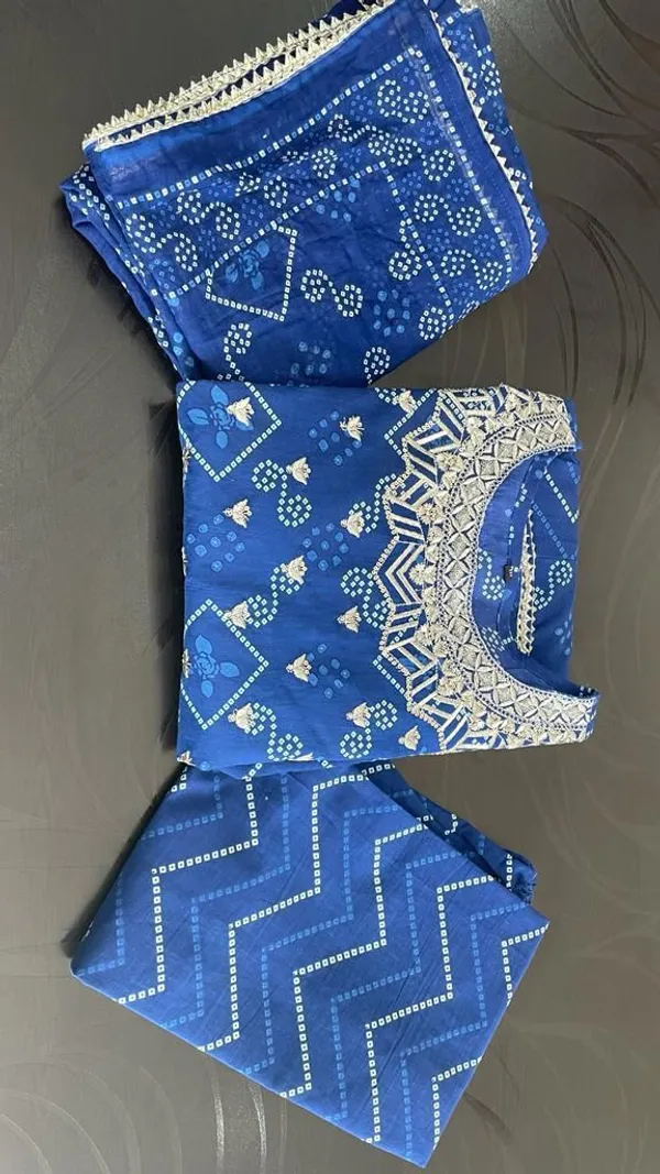 Blue_Cotton_Premium__Bhandhej_Print_Gown_Pant_And_Dupatta_Set_For_Women