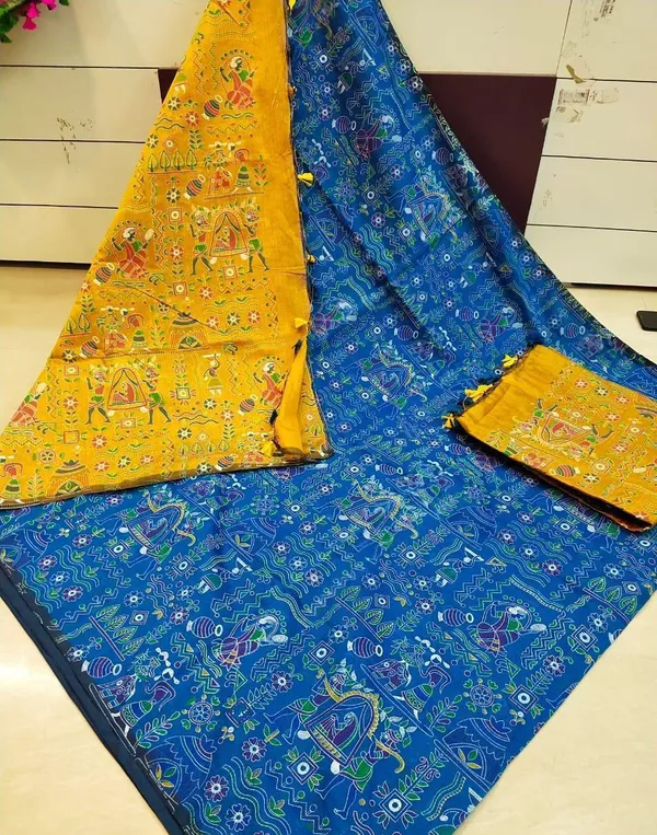 Blue_Madhubani_Cotton_Silk_Printed_Saree