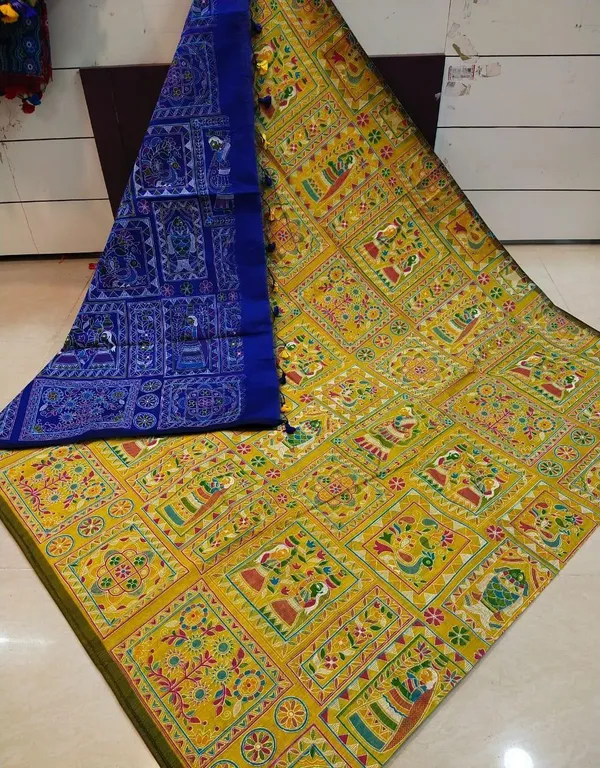 Yellow_Madhubani_Cotton_Silk_Printed_Saree
