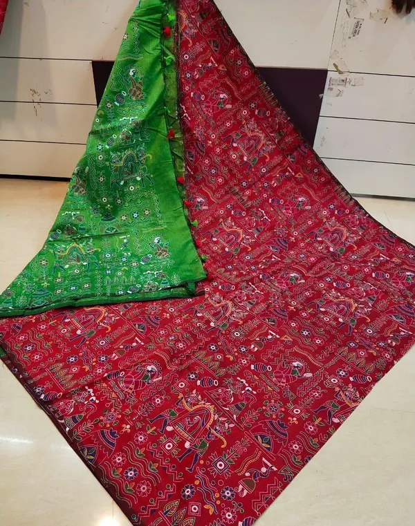 Red_Madhubani_Cotton_Silk_Printed_Saree