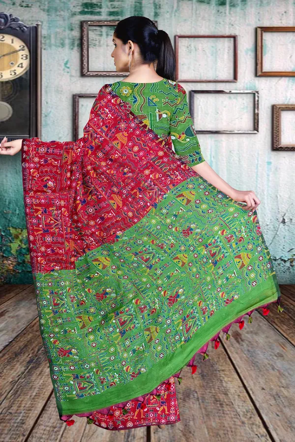 Red_Madhubani_Cotton_Silk_Printed_Saree