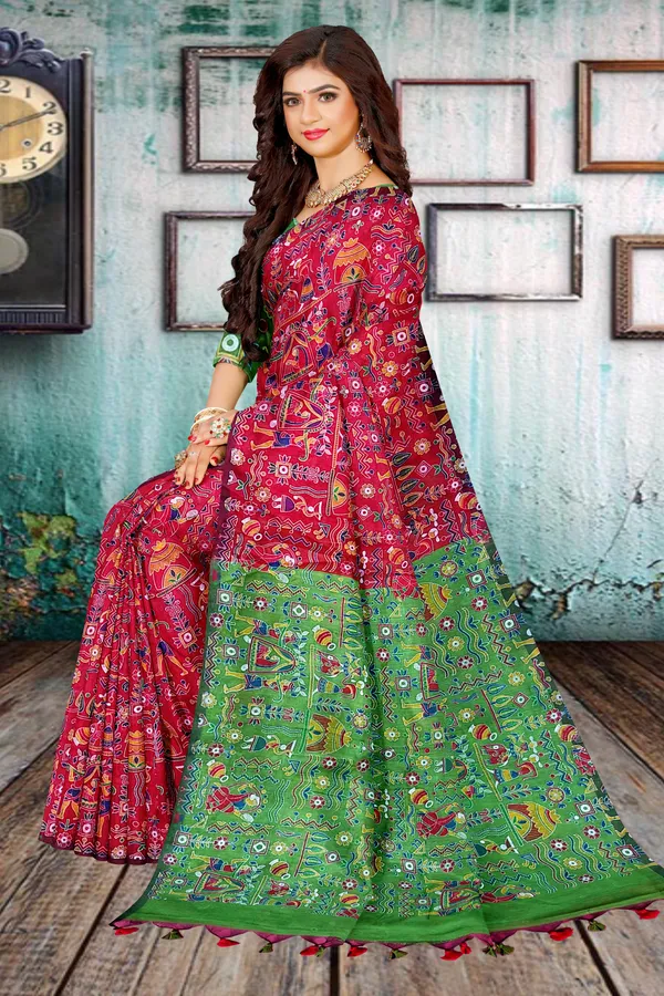 Red_Madhubani_Cotton_Silk_Printed_Saree