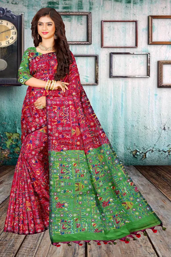 Red_Madhubani_Cotton_Silk_Printed_Saree