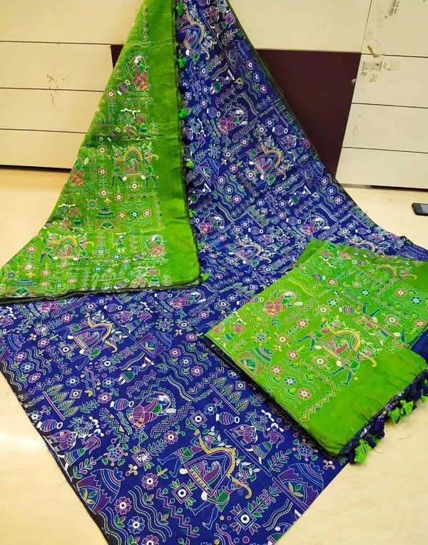 Blue_Madhubani_Cotton_Silk_Printed_Saree