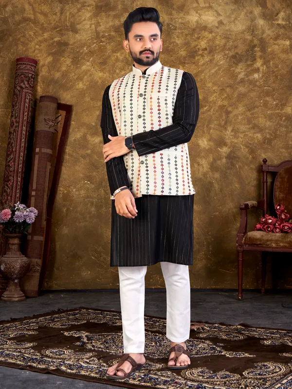 Black_Cotton_Kurta_Sets_With_Embroidery_Work__With_Modi/Nehru_Jacket