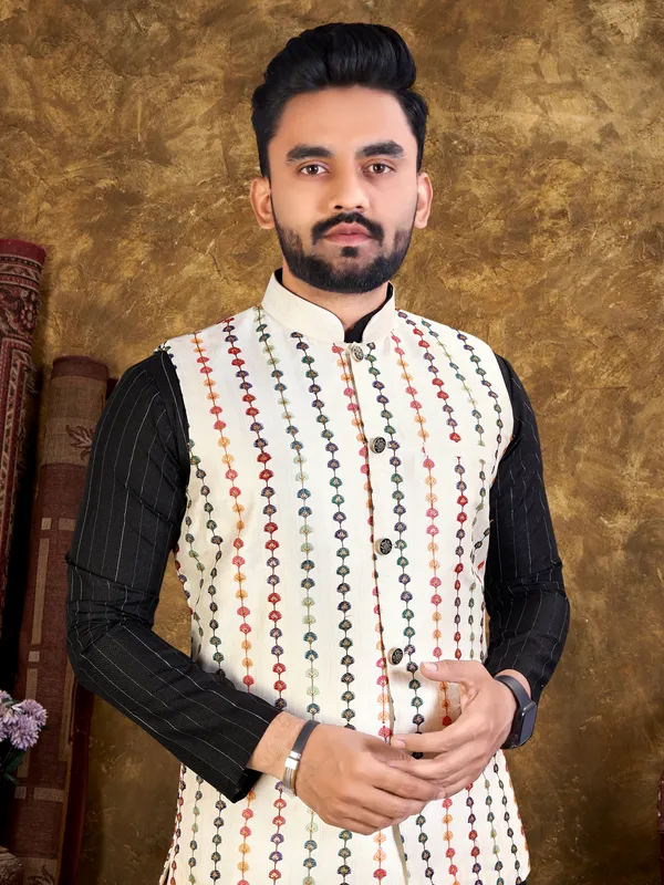 Black_Cotton_Kurta_Sets_With_Embroidery_Work__With_Modi/Nehru_Jacket