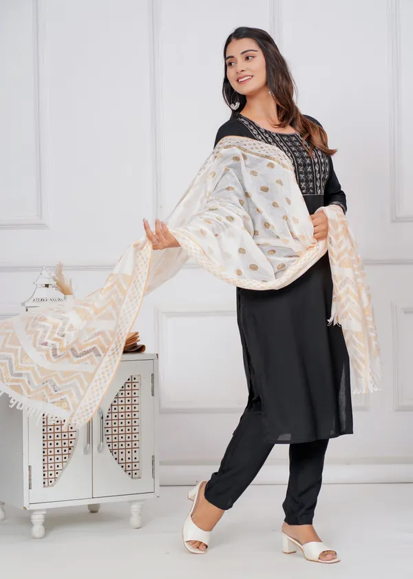 Black_Rayon_Printed_Kurti,_Pant_&_Dupatta_set_For_Women