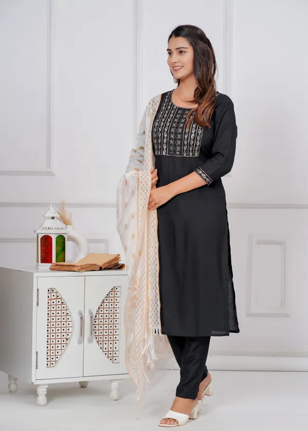 Black_Rayon_Printed_Kurti,_Pant_&_Dupatta_set_For_Women