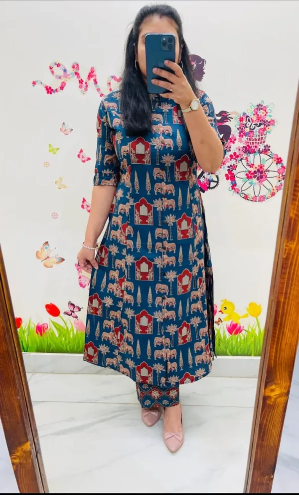 Blue_Cotton__Premium_Jaipuri_Print_Kurta_And_Pant_Co-Ord_Set_For_Women