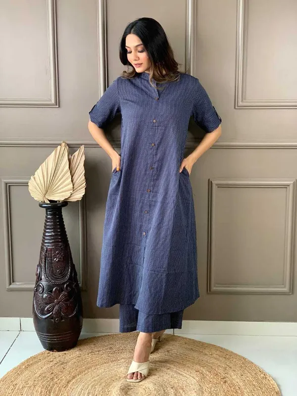 Blue_Khadi_Cotton_Ethnic_Kurta_And_Pant_Set_|_Push_Premium_For_Women
