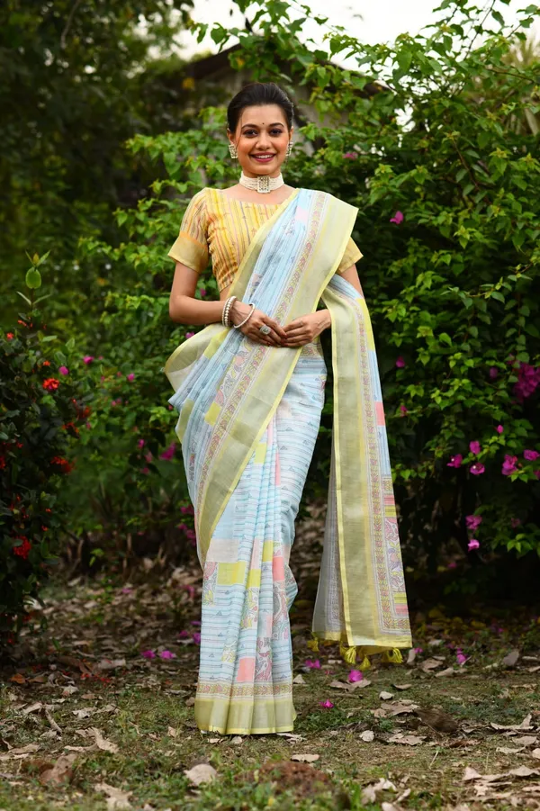 Blue_Soft_Linen_Jamdani_Saree_With_Printed_Zari_Work