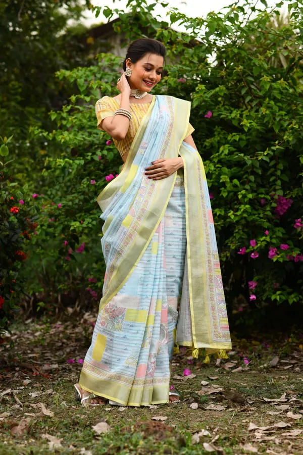 Blue_Soft_Linen_Jamdani_Saree_With_Printed_Zari_Work