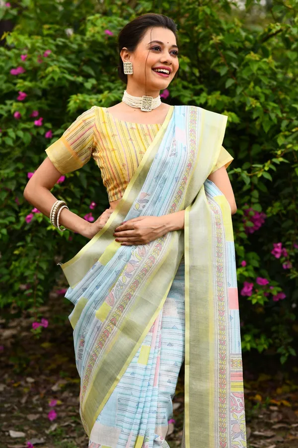 Blue_Soft_Linen_Jamdani_Saree_With_Printed_Zari_Work