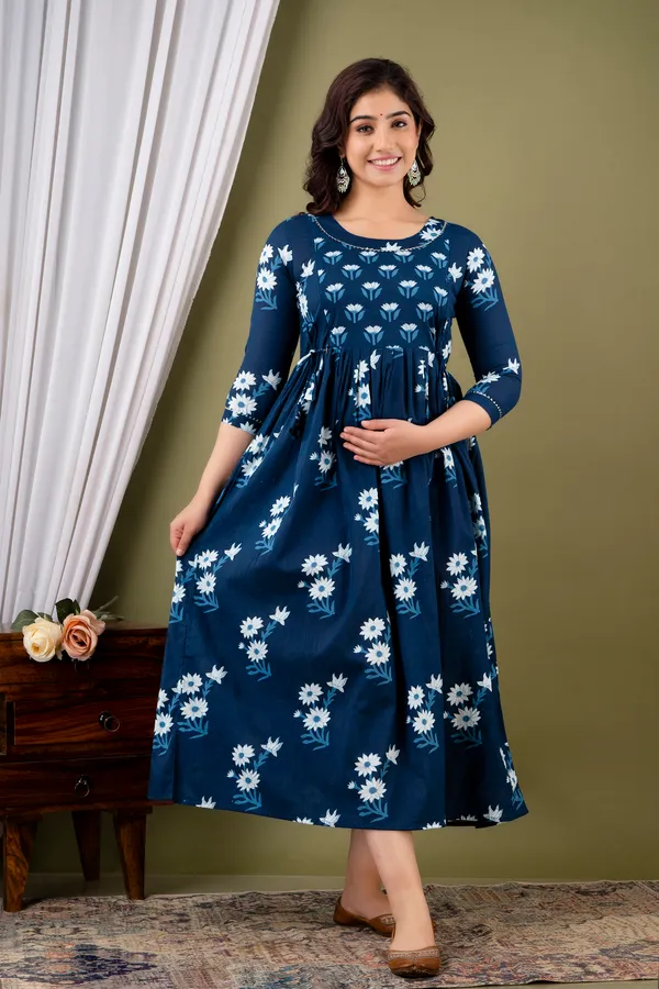 Blue_White_Flower_Cotton_Maternity_And_Feeding_Kurti