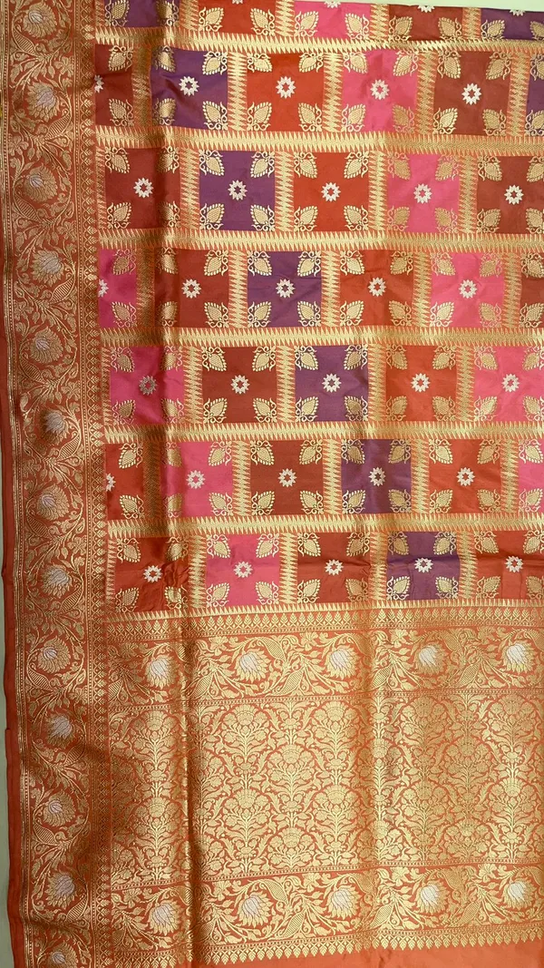 Humairah_Pure_Handwoven_Katan_Silk_Rang_kaat_Golden_Zari_Kadhwa_Mina_Checkered_Golden_Stripe_Zari_with_Kadhwa_Silver_Mina_Anchal_and_Peach_Stripe_Blouse