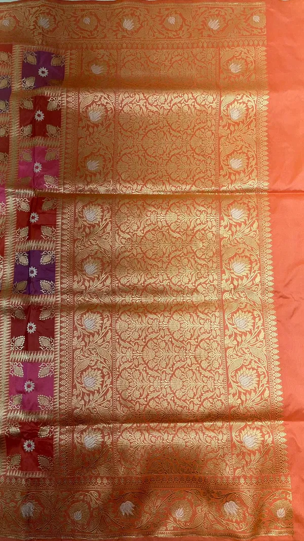 Humairah_Pure_Handwoven_Katan_Silk_Rang_kaat_Golden_Zari_Kadhwa_Mina_Checkered_Golden_Stripe_Zari_with_Kadhwa_Silver_Mina_Anchal_and_Peach_Stripe_Blouse