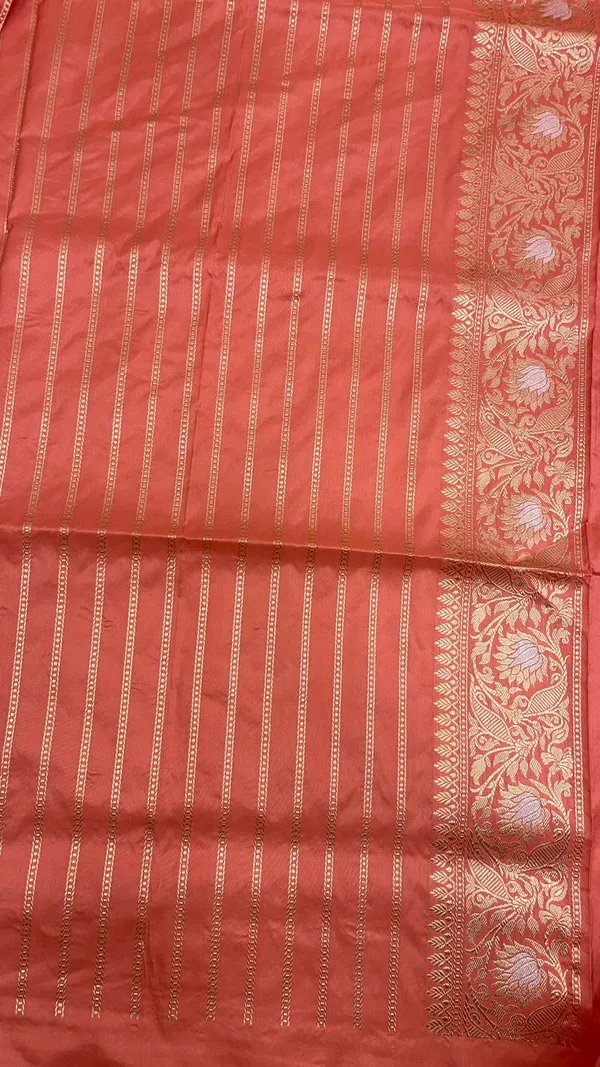 Humairah_Pure_Handwoven_Katan_Silk_Rang_kaat_Golden_Zari_Kadhwa_Mina_Checkered_Golden_Stripe_Zari_with_Kadhwa_Silver_Mina_Anchal_and_Peach_Stripe_Blouse