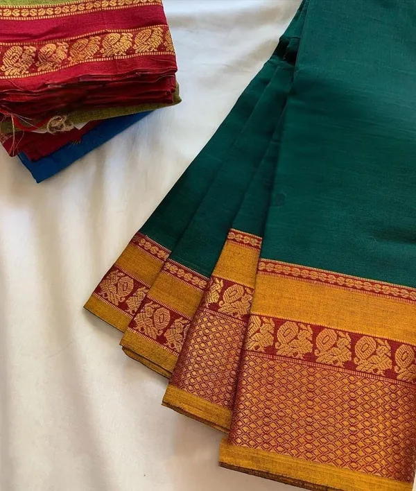 Bottle_Green_Narayanpet_Cotton_saree_with_Running_blouse_piece_(Green_by_yellow)