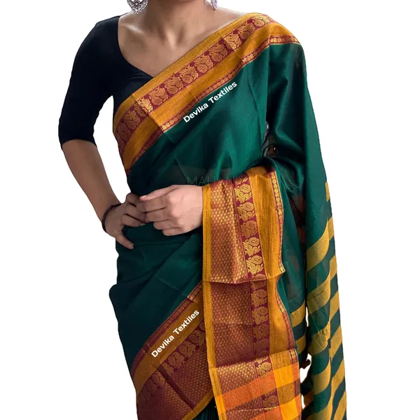 Bottle_Green_Narayanpet_Cotton_saree_with_Running_blouse_piece_(Green_by_yellow)