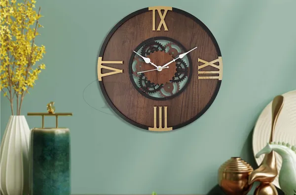 LASER_CUT_WOODEN_WALL_CLOCK_BROWN_BLACK_GOLDEN_15_INCH_ROUND