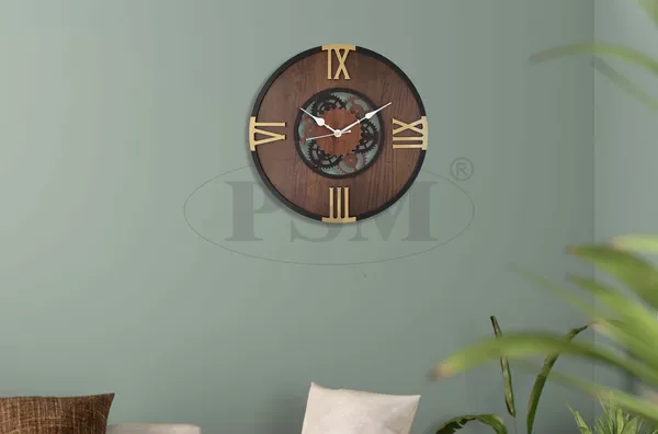 LASER_CUT_WOODEN_WALL_CLOCK_BROWN_BLACK_GOLDEN_15_INCH_ROUND