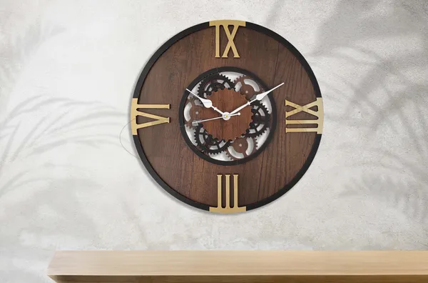 LASER_CUT_WOODEN_WALL_CLOCK_BROWN_BLACK_GOLDEN_15_INCH_ROUND