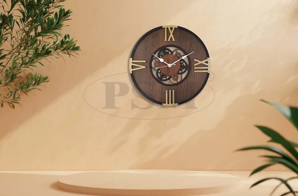 LASER_CUT_WOODEN_WALL_CLOCK_BROWN_BLACK_GOLDEN_15_INCH_ROUND