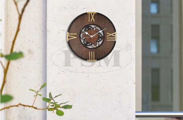 LASER_CUT_WOODEN_WALL_CLOCK_BROWN_BLACK_GOLDEN_15_INCH_ROUND