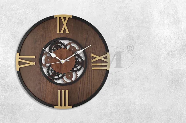 LASER_CUT_WOODEN_WALL_CLOCK_BROWN_BLACK_GOLDEN_15_INCH_ROUND