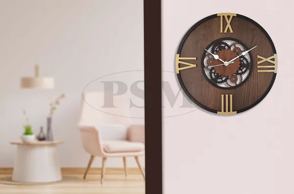 LASER_CUT_WOODEN_WALL_CLOCK_BROWN_BLACK_GOLDEN_15_INCH_ROUND