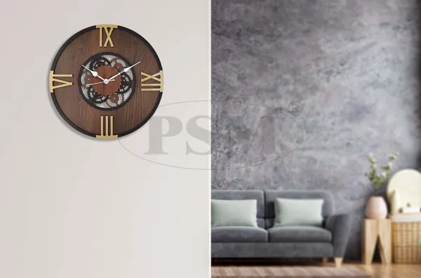 LASER_CUT_WOODEN_WALL_CLOCK_BROWN_BLACK_GOLDEN_15_INCH_ROUND