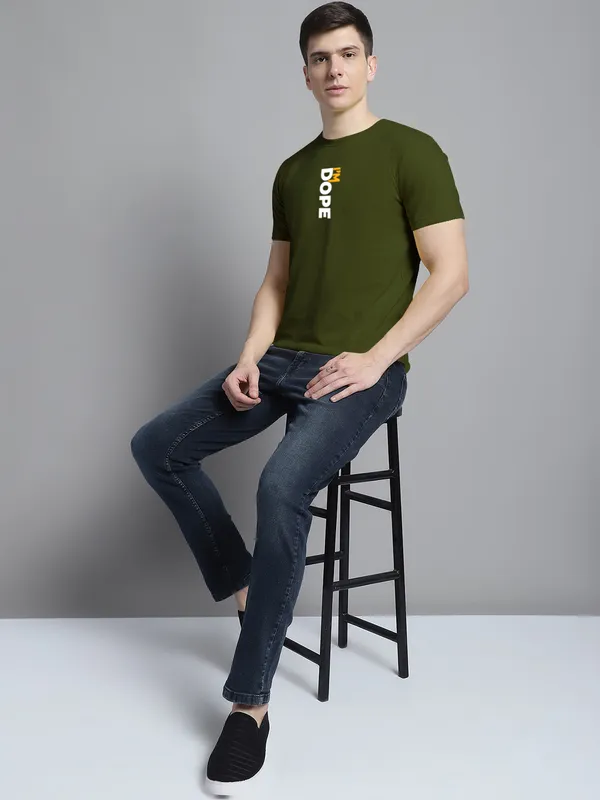 Olive_Green_Cotton_I'M_Dope_Print_Round_Neck_T-Shirt_For_Men
