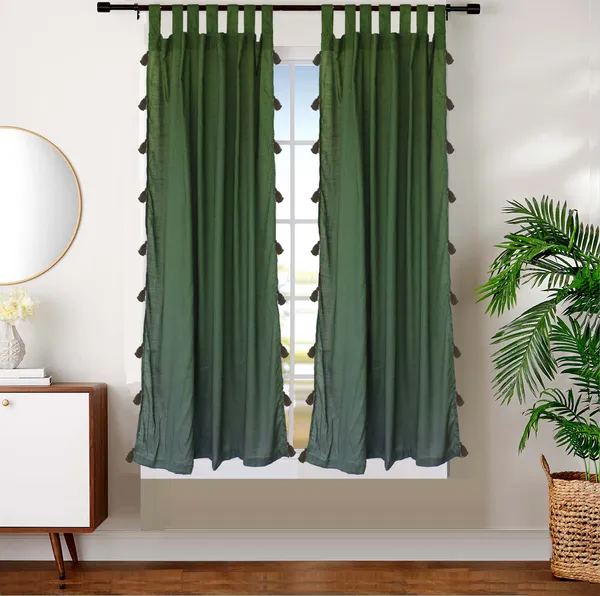 Pack_of_2_Cotton_Dark_Green_sheer_Summer_fun_Tassel_Tab_Top_Curtain_Set_for_Window_and_Door