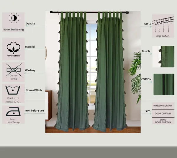 Pack_of_2_Cotton_Dark_Green_sheer_Summer_fun_Tassel_Tab_Top_Curtain_Set_for_Window_and_Door