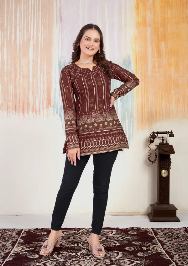 SAMVRITA Brown Choko Moko Cotton Printed Short Kurti With Full Sleeves Price in India Buy SAMVRITA Brown Choko Moko Cotton Printed Short Kurti With Full Sleeves online at undefined