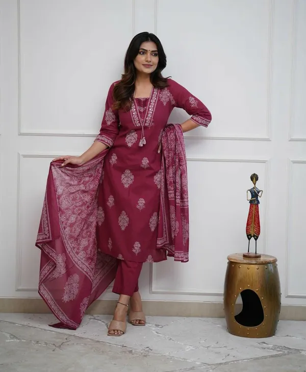 Brown_Cotton_Regular_Fit_Solid_Kurta_Pant_And_Dupatta_Set_For_Women