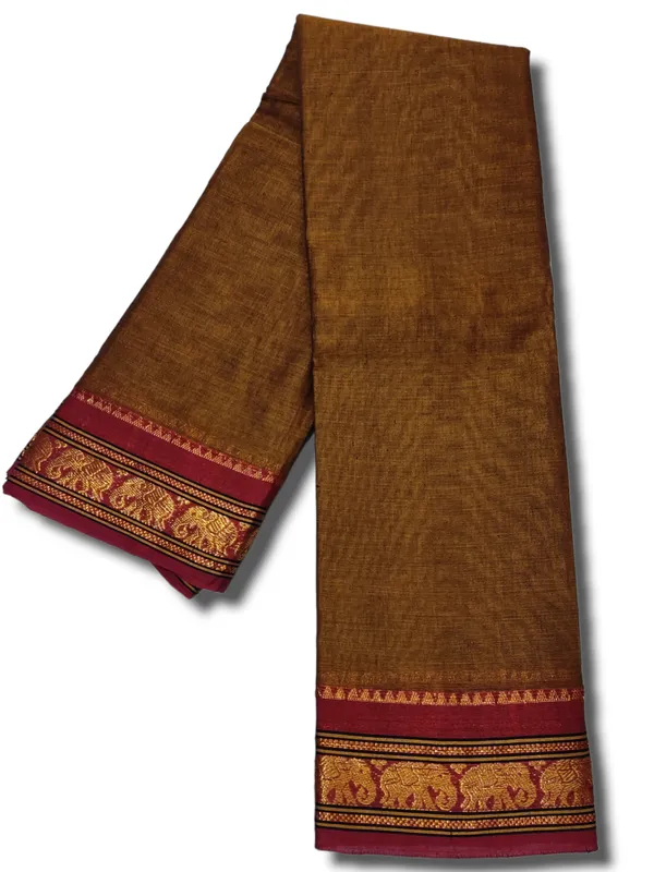 Brown_Small_Elephant_Jari_Border_Narayanpet_Pure_Handloom_Cotton_Sarees_with_Running_blouse_(Khaki)