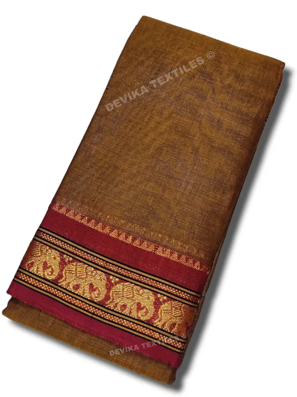 Brown_Small_Elephant_Jari_Border_Narayanpet_Pure_Handloom_Cotton_Sarees_with_Running_blouse_(Khaki)