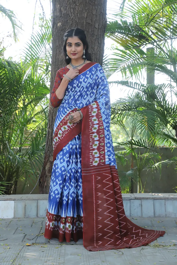 Ikkat_Hand_Block_Print_Print_Pure_Soft_Cotton_saree_With_Blouse_Piece