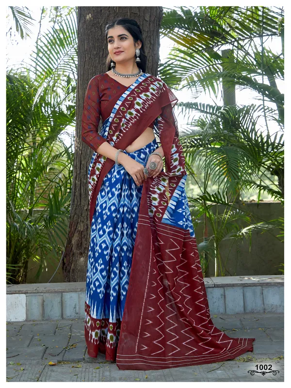 Ikkat_Hand_Block_Print_Print_Pure_Soft_Cotton_saree_With_Blouse_Piece
