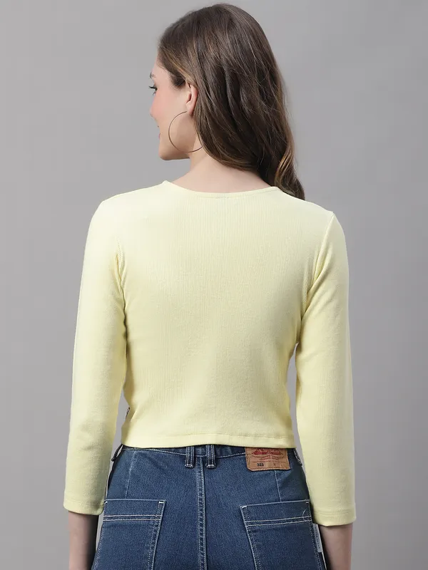 Yellow_Cotton_Rib_Round_Neck_Knot_Top_For_Women