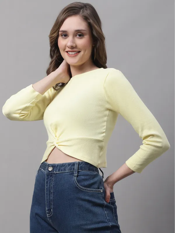 Yellow_Cotton_Rib_Round_Neck_Knot_Top_For_Women